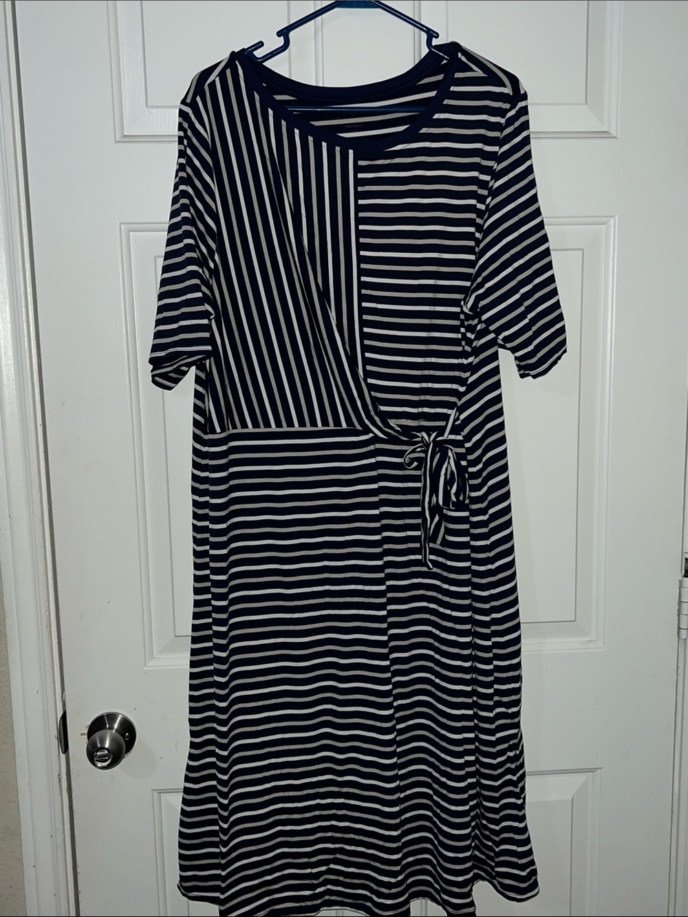 Cuddl Duds Black and White Striped Tie-Waist Midi Dress